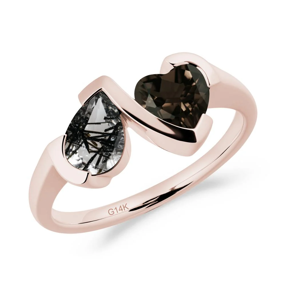 Bezel Set Black Rutilated Quartz and Smoky Quartz Toi Et Moi Ring - Image 9