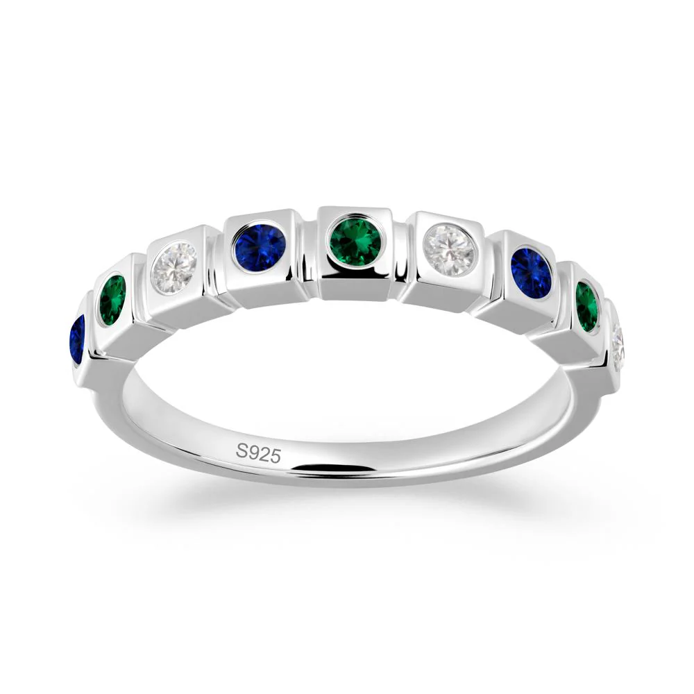 Bezel Set Emerald and Cubic Zirconia and Sapphire Eternity Ring - Image 5