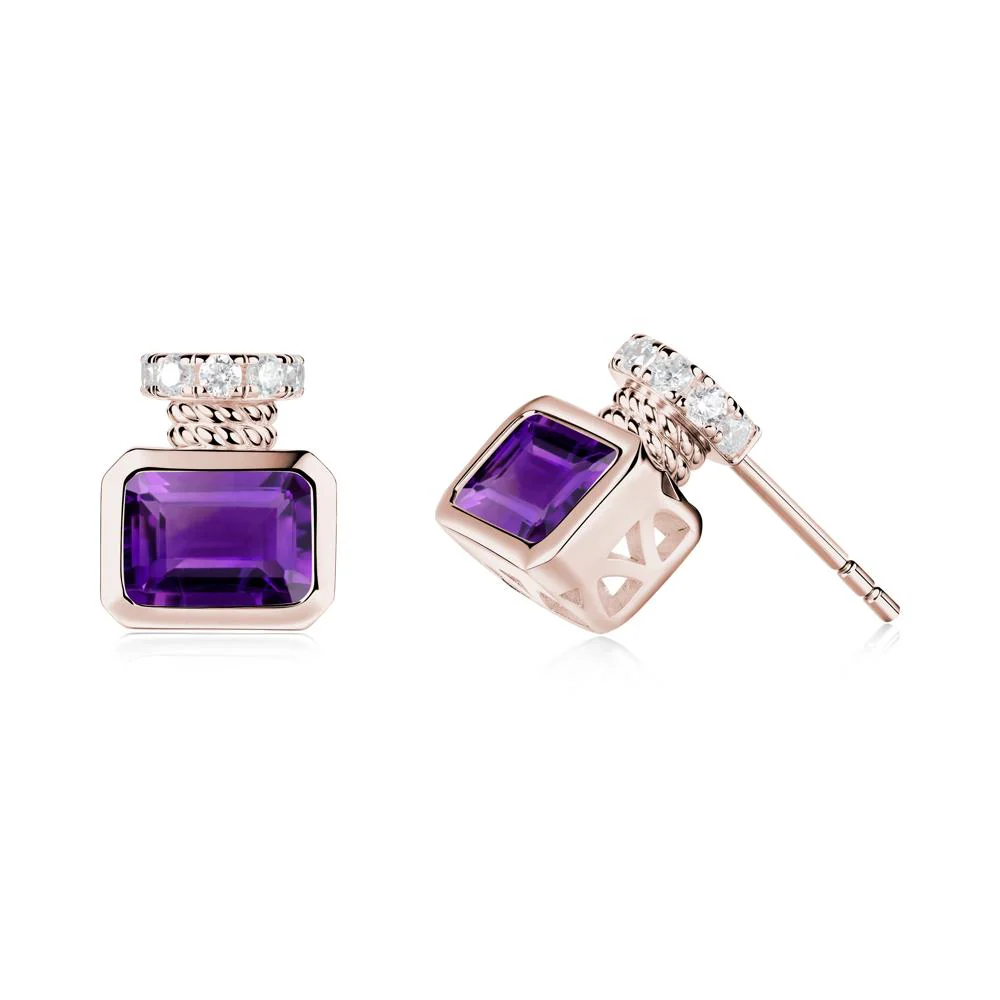 Bezel Set Emerald Cut Amethyst Stud Earrings