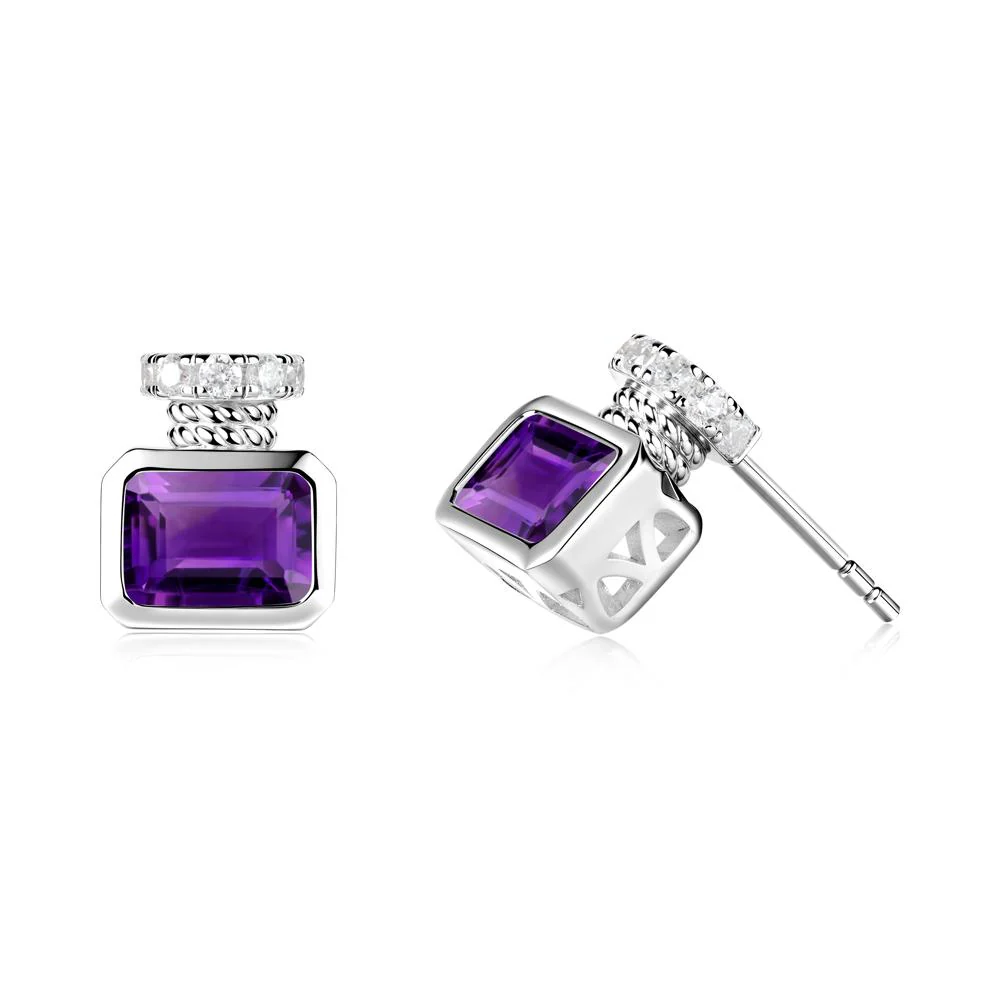 Bezel Set Emerald Cut Amethyst Stud Earrings - Image 6