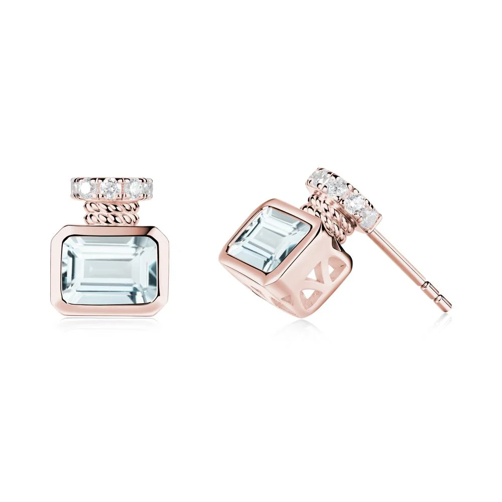 Bezel Set Emerald Cut Aquamarine Stud Earrings - Image 8