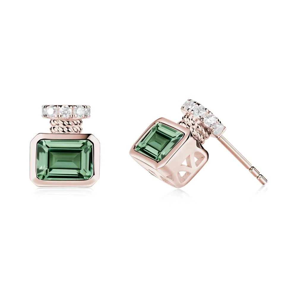 Bezel Set Emerald Cut Green Sapphire Stud Earrings