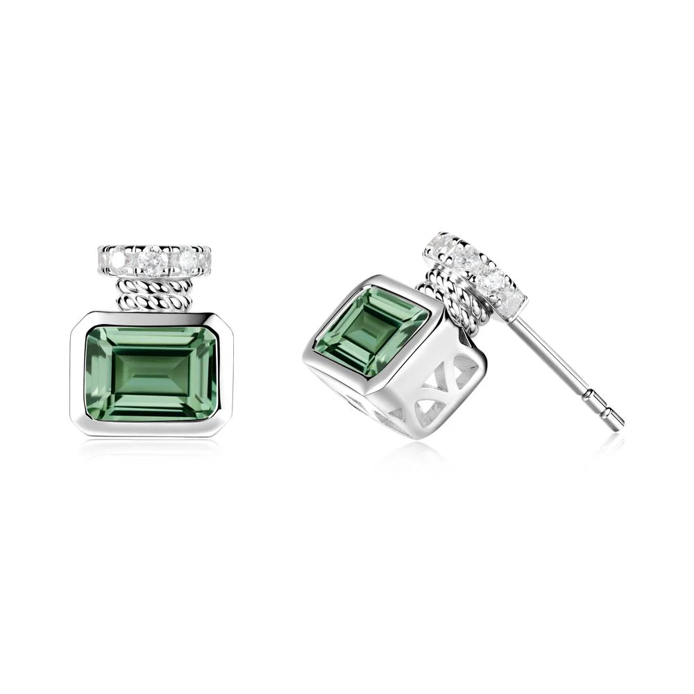Bezel Set Emerald Cut Green Sapphire Stud Earrings - Image 2
