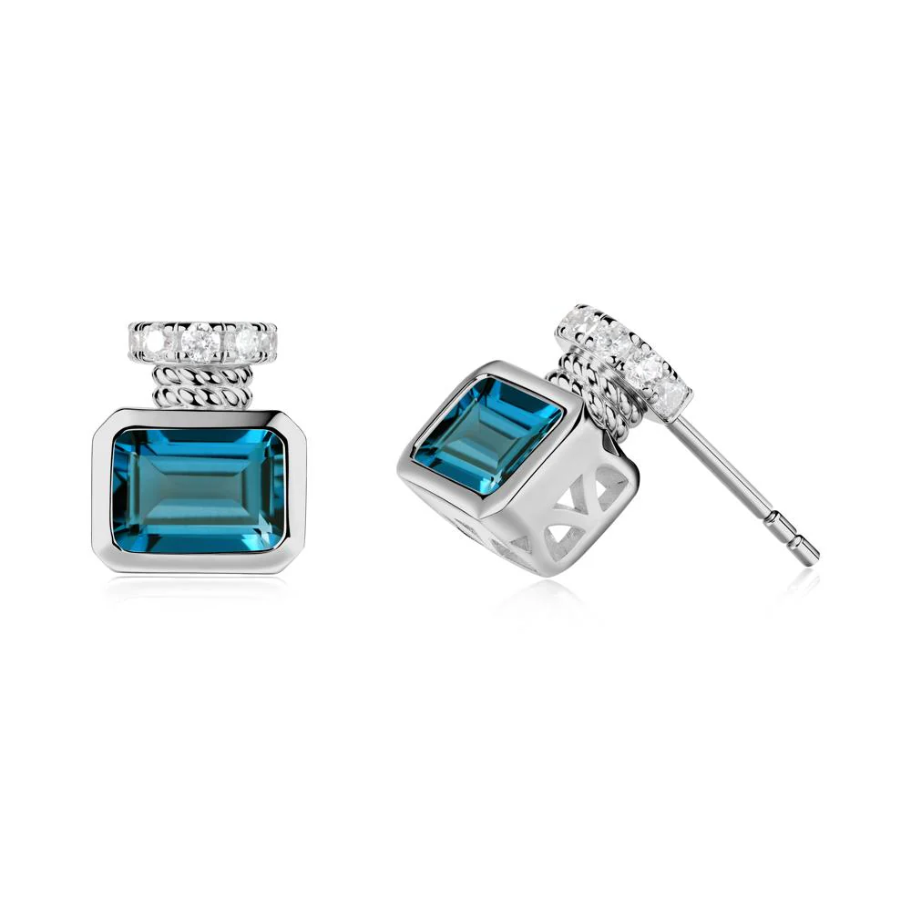 Bezel Set Emerald Cut London Blue Topaz Stud Earrings - Image 4
