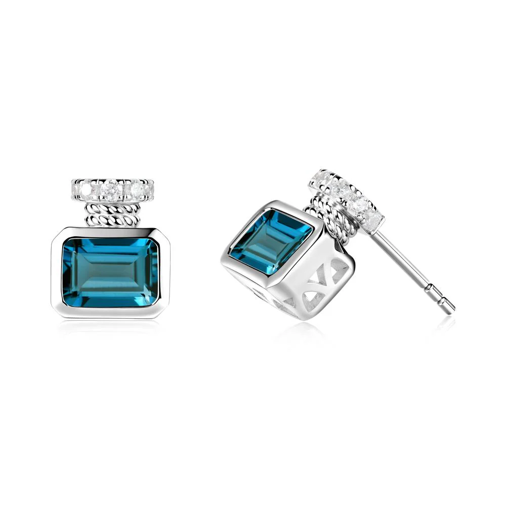Bezel Set Emerald Cut London Blue Topaz Stud Earrings - Image 7