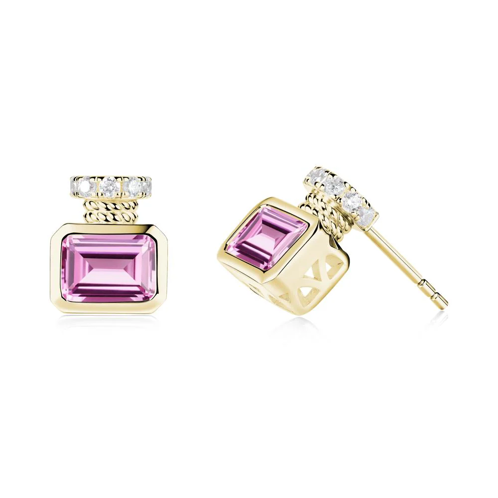 Bezel Set Emerald Cut Pink Sapphire Stud Earrings - Image 4