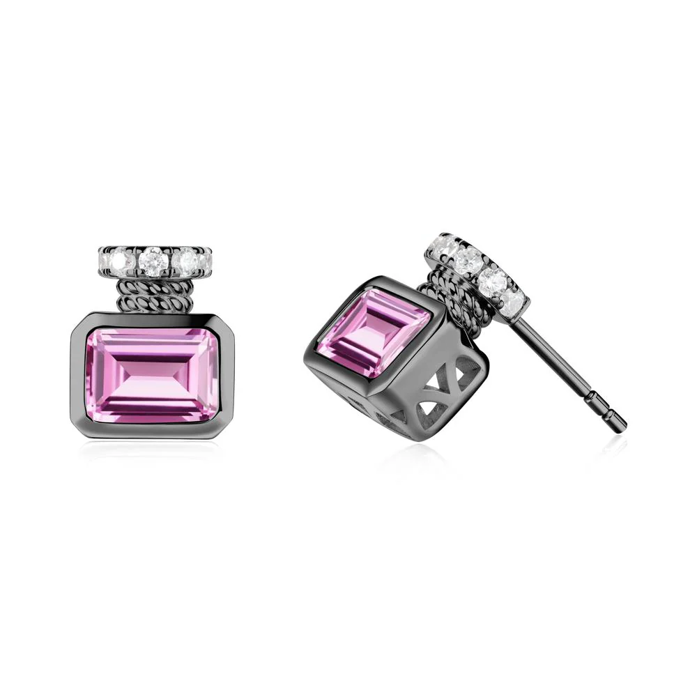 Bezel Set Emerald Cut Pink Sapphire Stud Earrings - Image 5