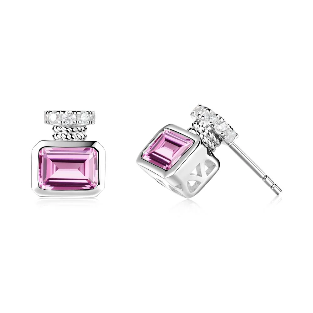 Bezel Set Emerald Cut Pink Sapphire Stud Earrings - Image 7