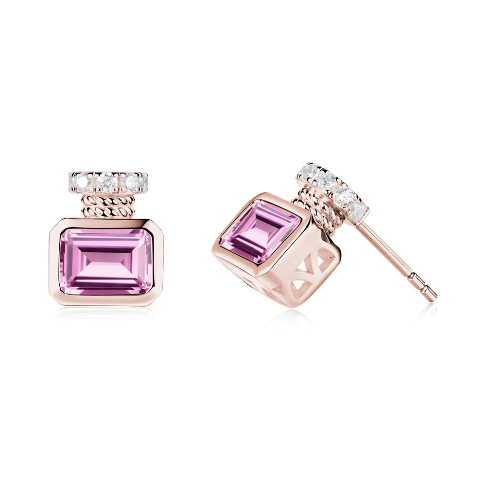 Bezel Set Emerald Cut Pink Sapphire Stud Earrings - Image 8