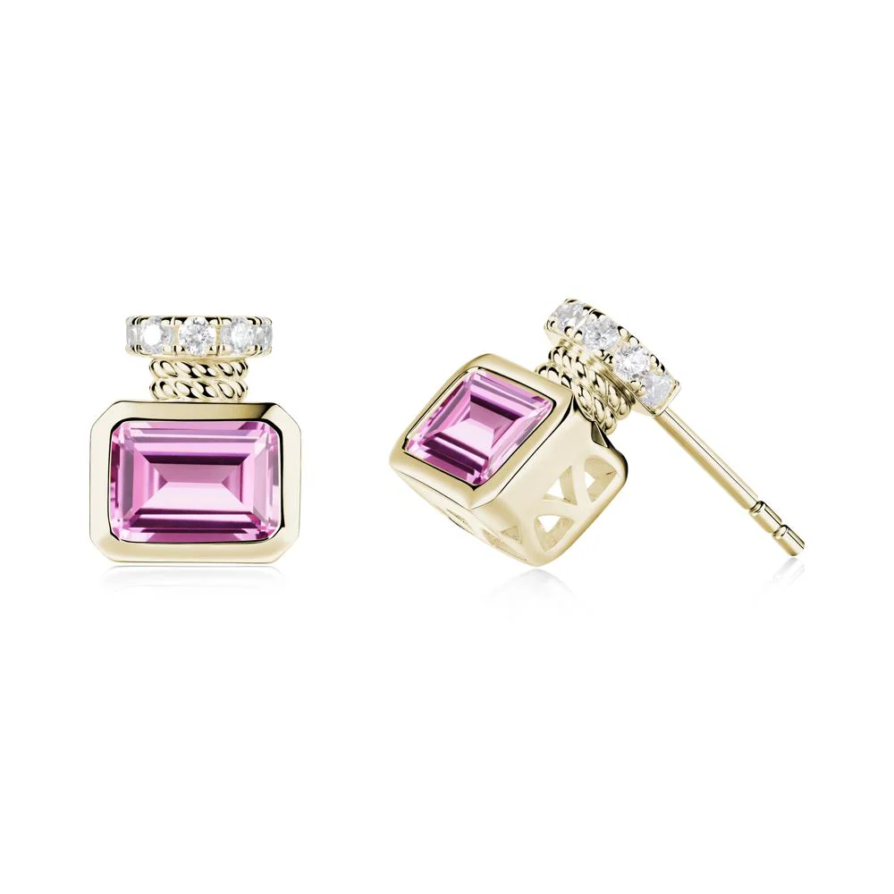 Bezel Set Emerald Cut Pink Sapphire Stud Earrings - Image 9
