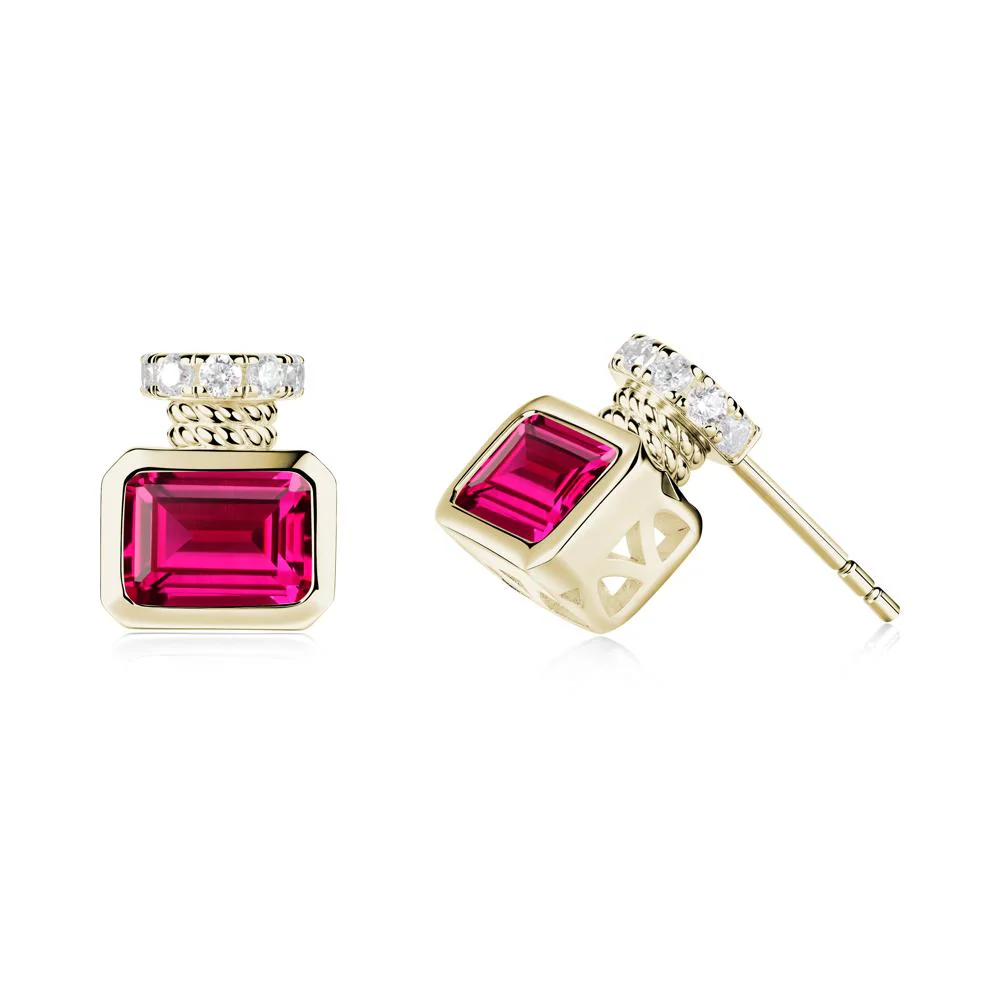 Bezel Set Emerald Cut Ruby Stud Earrings