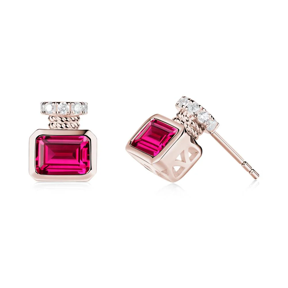 Bezel Set Emerald Cut Ruby Stud Earrings - Image 3