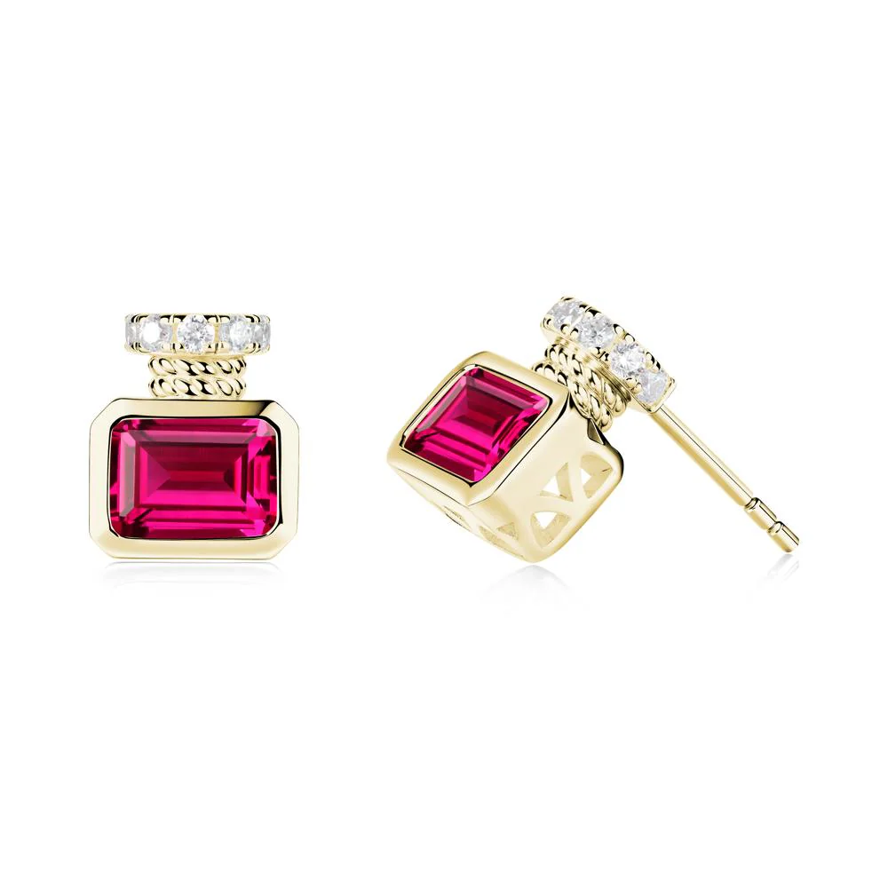 Bezel Set Emerald Cut Ruby Stud Earrings - Image 4