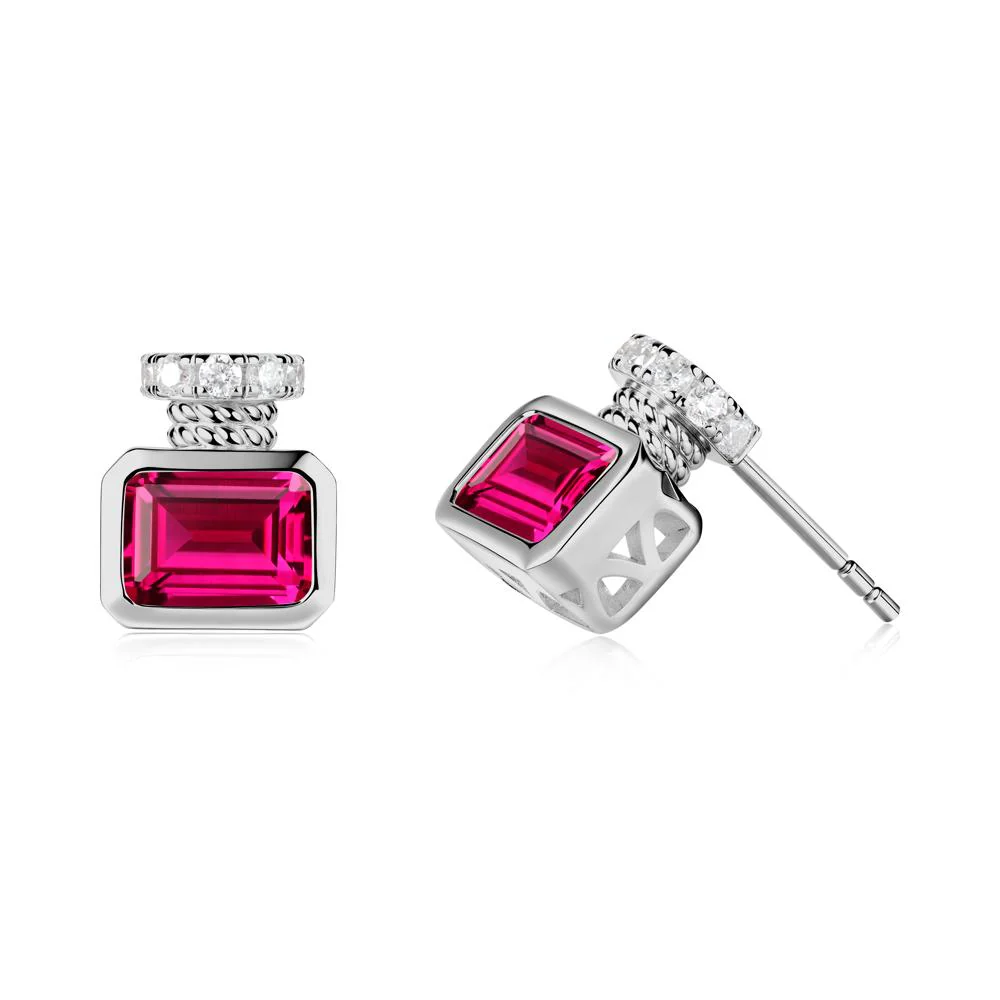Bezel Set Emerald Cut Ruby Stud Earrings - Image 6