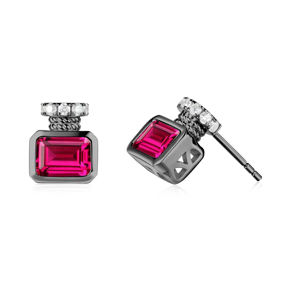 Bezel Set Emerald Cut Ruby Stud Earrings - Image 7