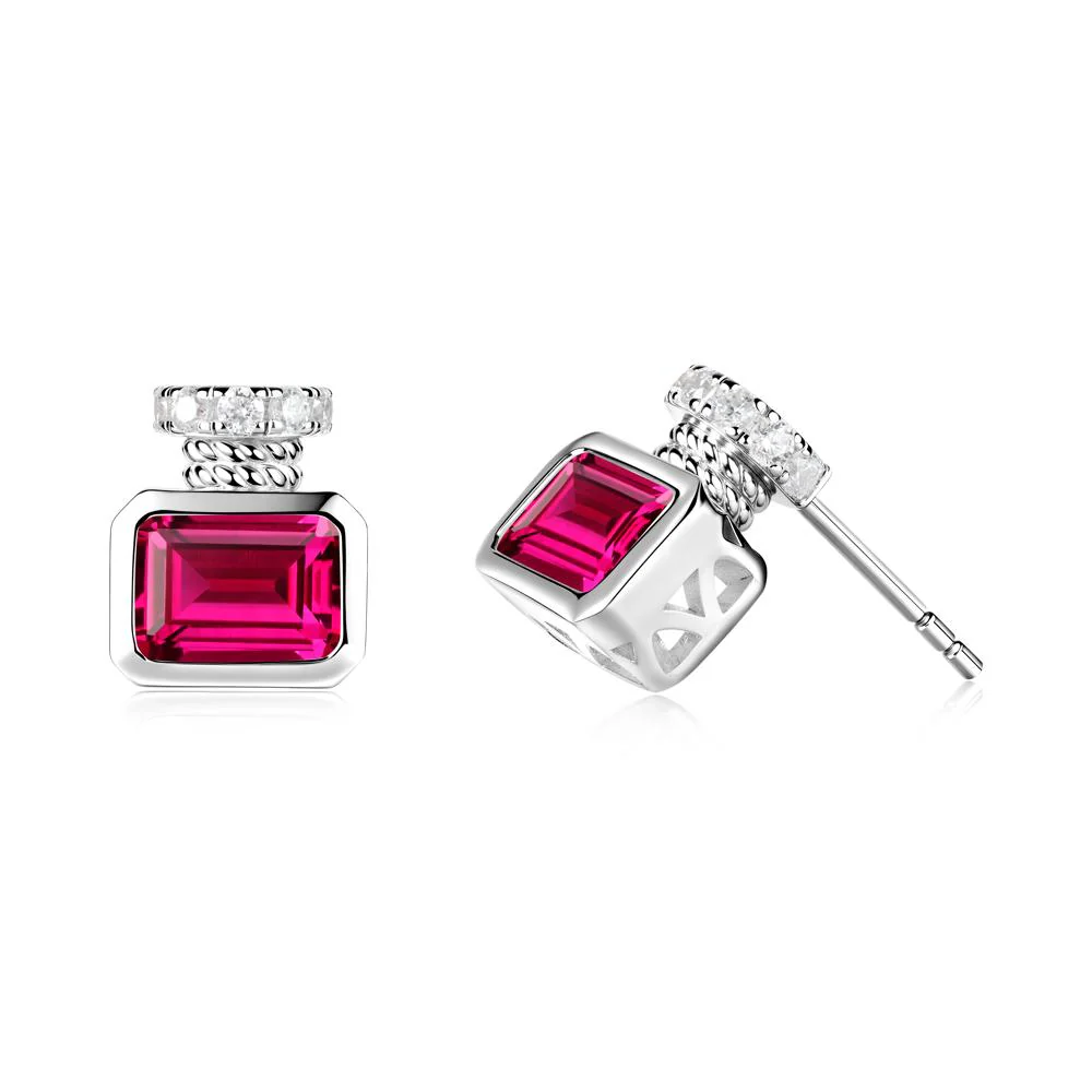 Bezel Set Emerald Cut Ruby Stud Earrings - Image 8