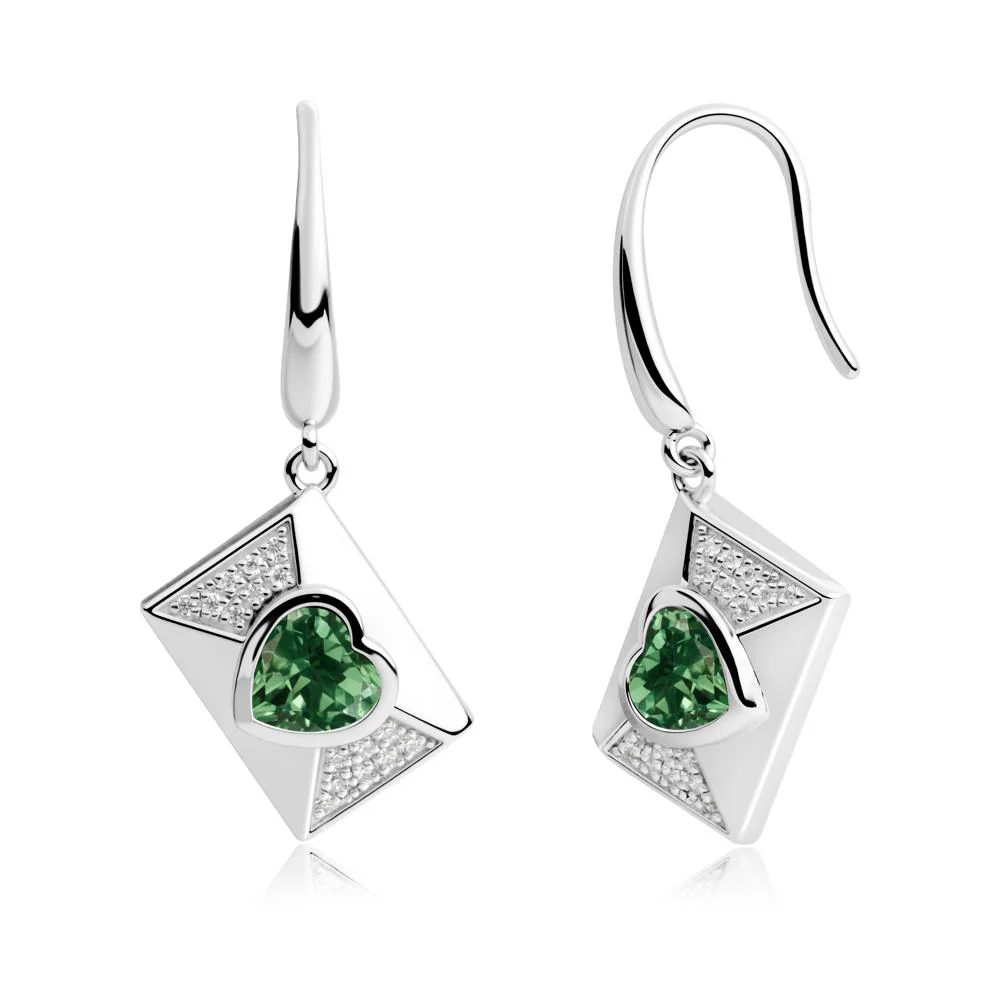Bezel Set Heart Shaped Green Sapphire Shepherd Hook Earrings