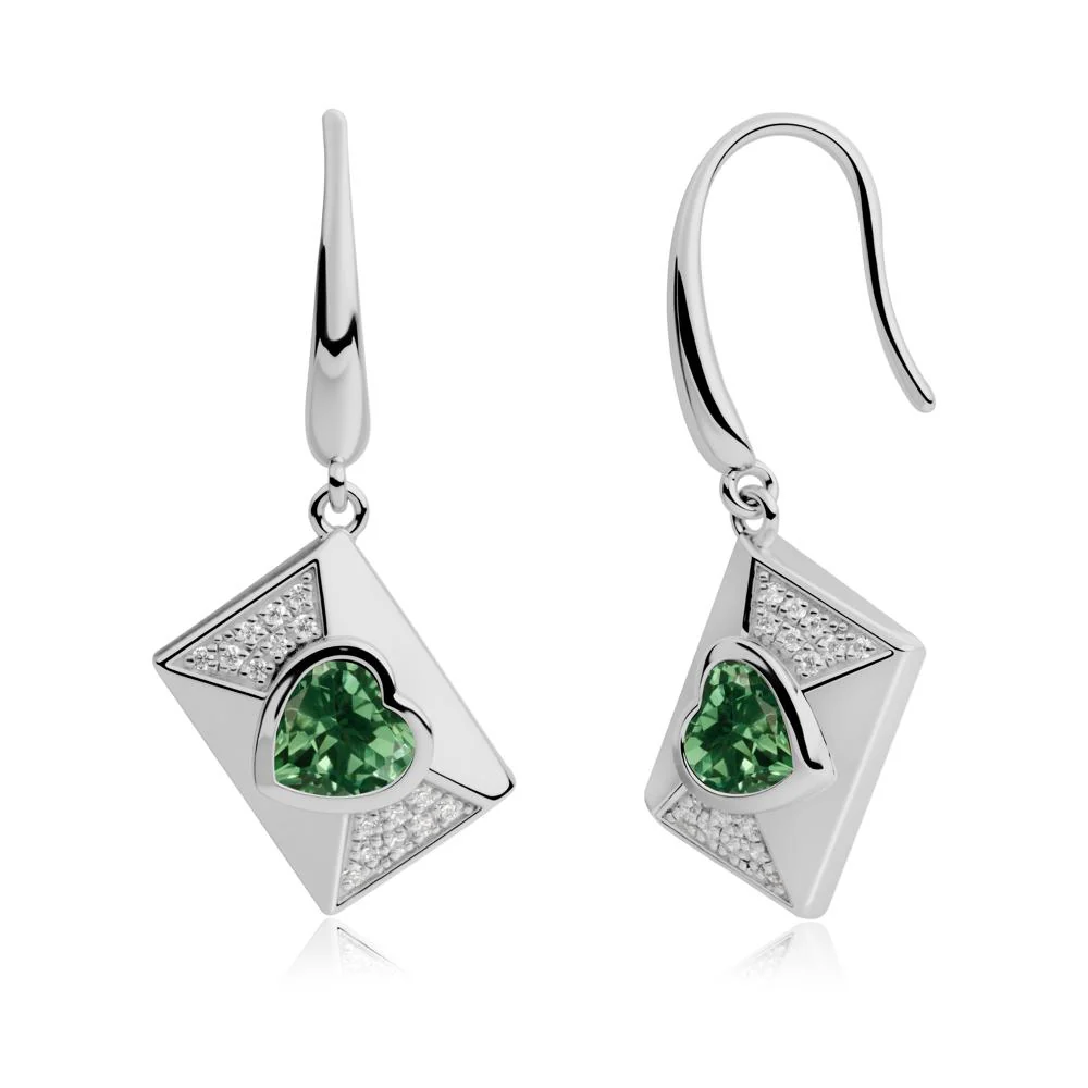Bezel Set Heart Shaped Green Sapphire Shepherd Hook Earrings - Image 6