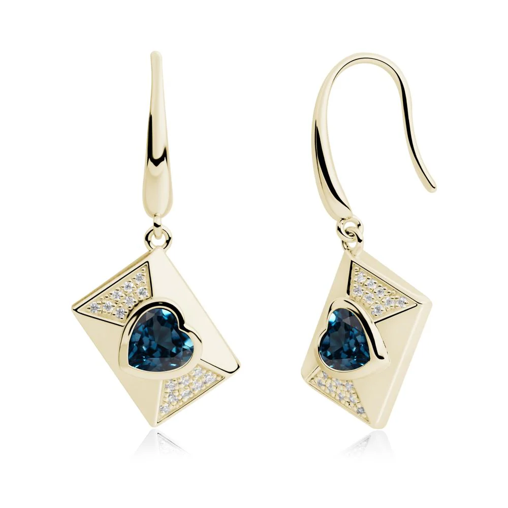 Bezel Set Heart Shaped London Blue Topaz Shepherd Hook Earrings - Image 3