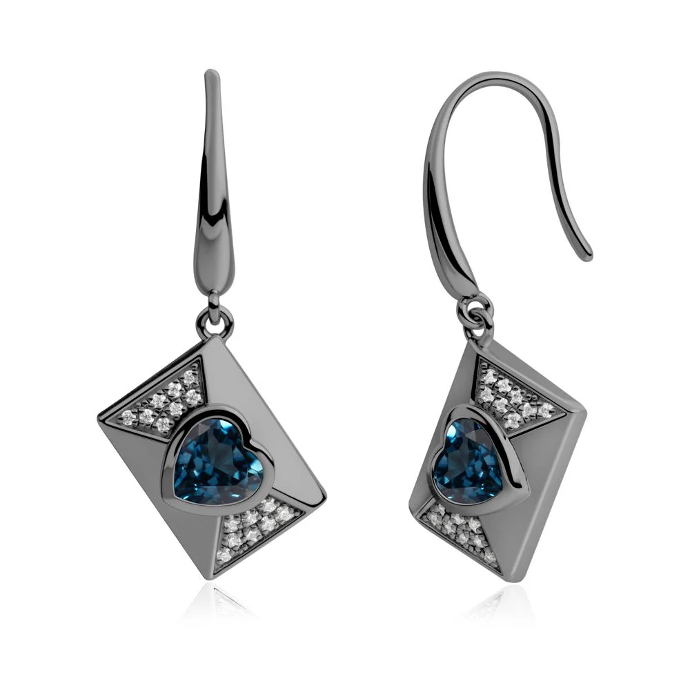 Bezel Set Heart Shaped London Blue Topaz Shepherd Hook Earrings - Image 9