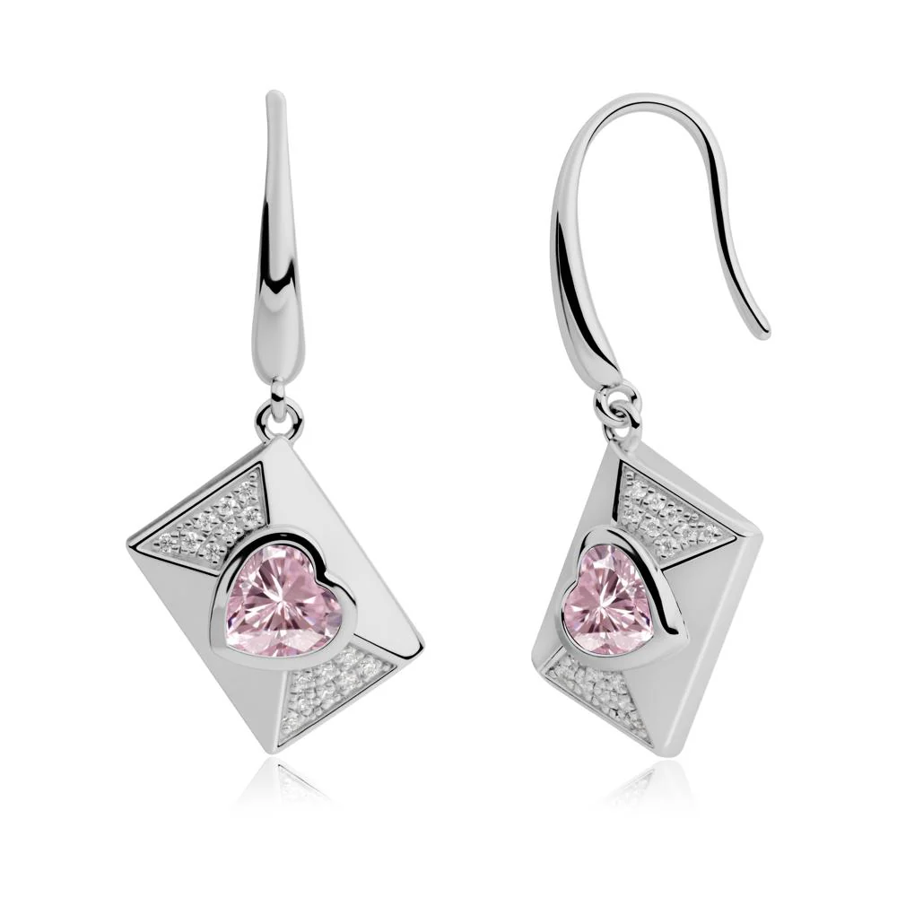 Bezel Set Heart Shaped Pink Cubic Zirconia Shepherd Hook Earrings - Image 7