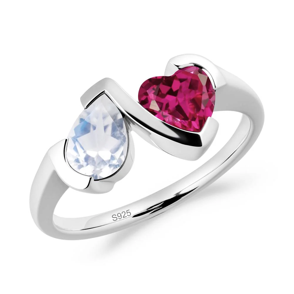 Bezel Set Moonstone and Ruby Toi Et Moi Ring - Image 3