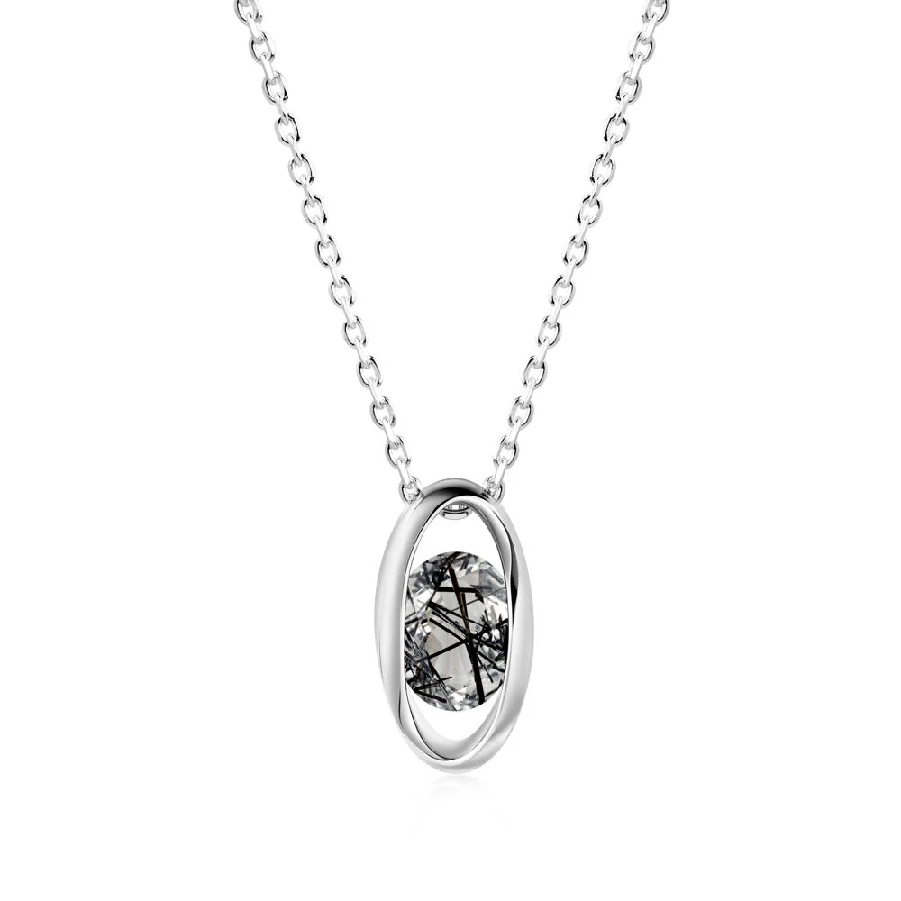Bezel-Set Oval Black Rutilated Quartz Solitaire Pendant Necklace