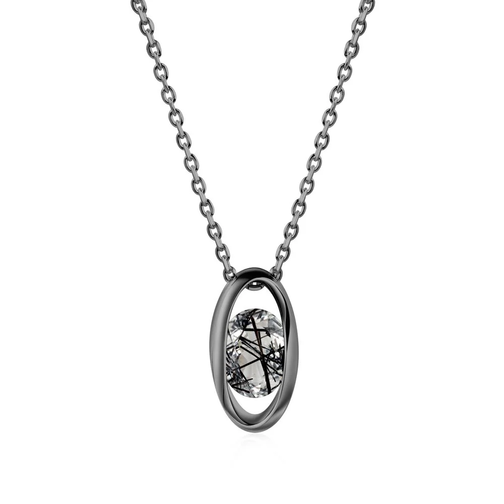 Bezel-Set Oval Black Rutilated Quartz Solitaire Pendant Necklace - Image 2