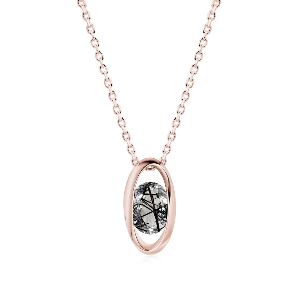 Bezel-Set Oval Black Rutilated Quartz Solitaire Pendant Necklace - Image 8