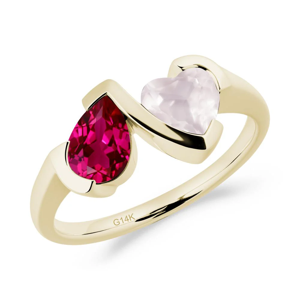 Bezel Set Ruby and Rose Quartz Toi Et Moi Ring