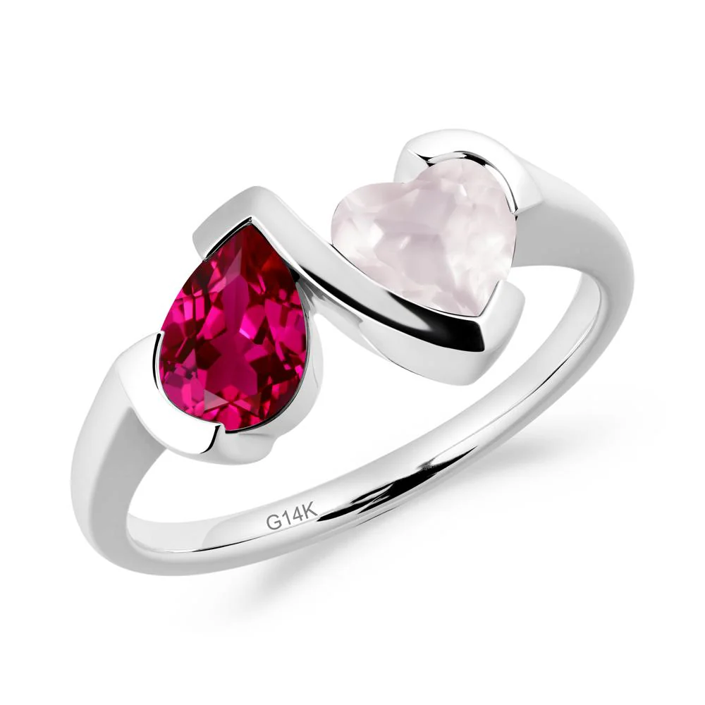 Bezel Set Ruby and Rose Quartz Toi Et Moi Ring - Image 5