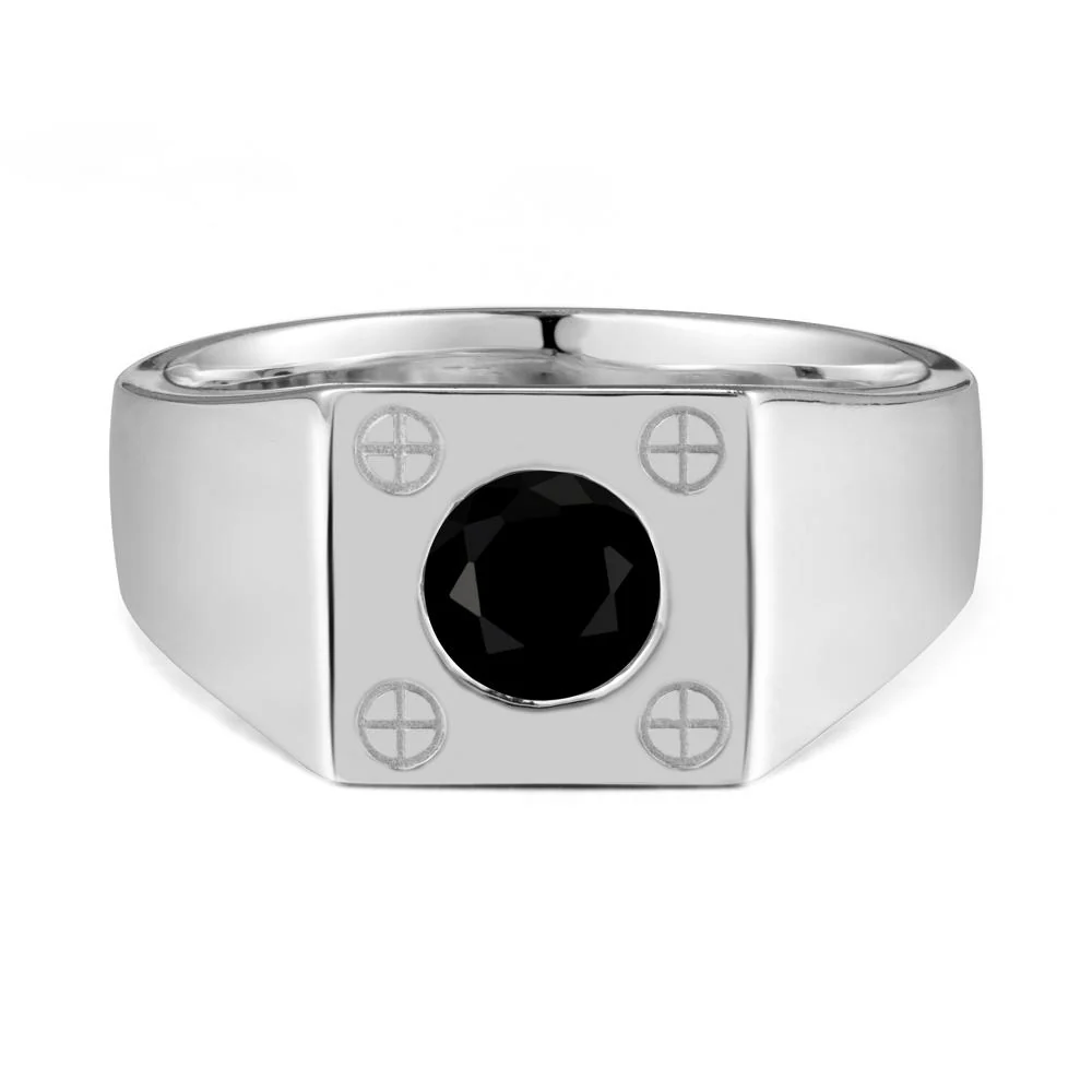 Bezel Setting Round Black Spinel Ring for Men