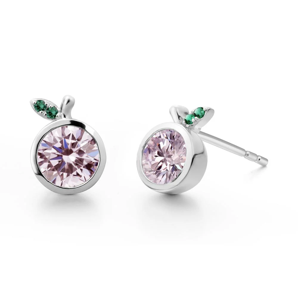 Bezel Setting Round Pink Cubic Zirconia and Emerald Fruit Earrings