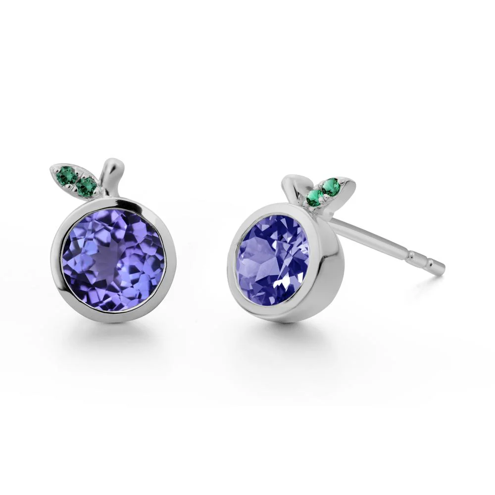 Bezel Setting Round Tanzanite and Emerald Fruit Earrings