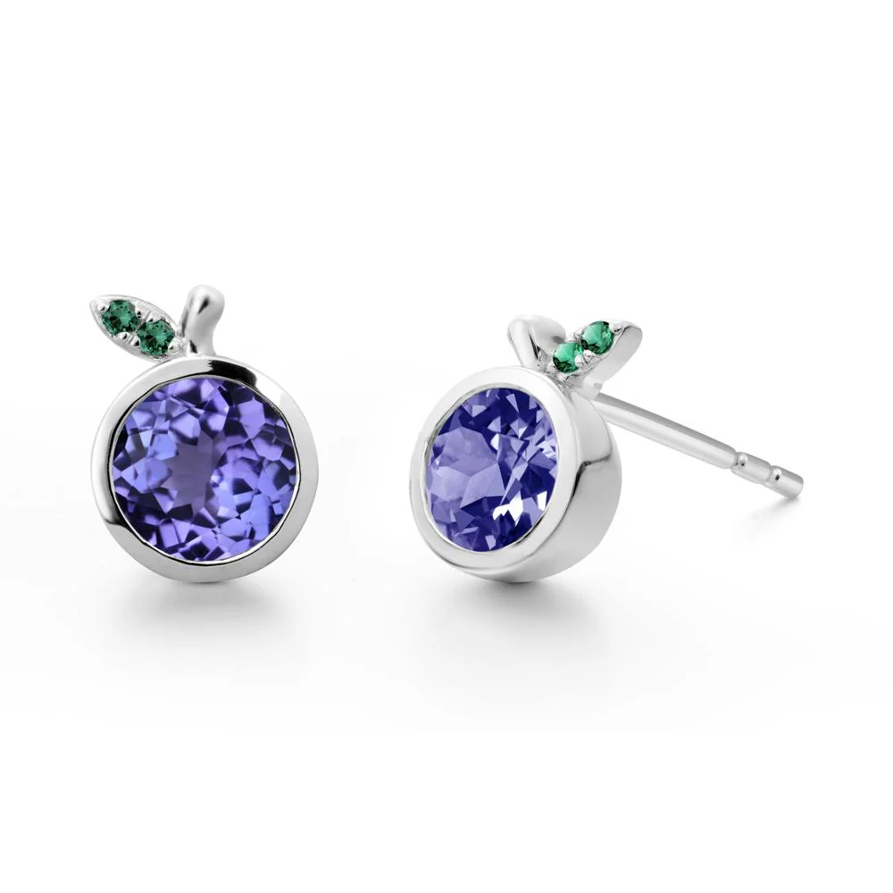 Bezel Setting Round Tanzanite and Emerald Fruit Earrings - Image 2