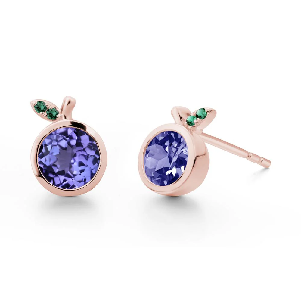 Bezel Setting Round Tanzanite and Emerald Fruit Earrings - Image 8