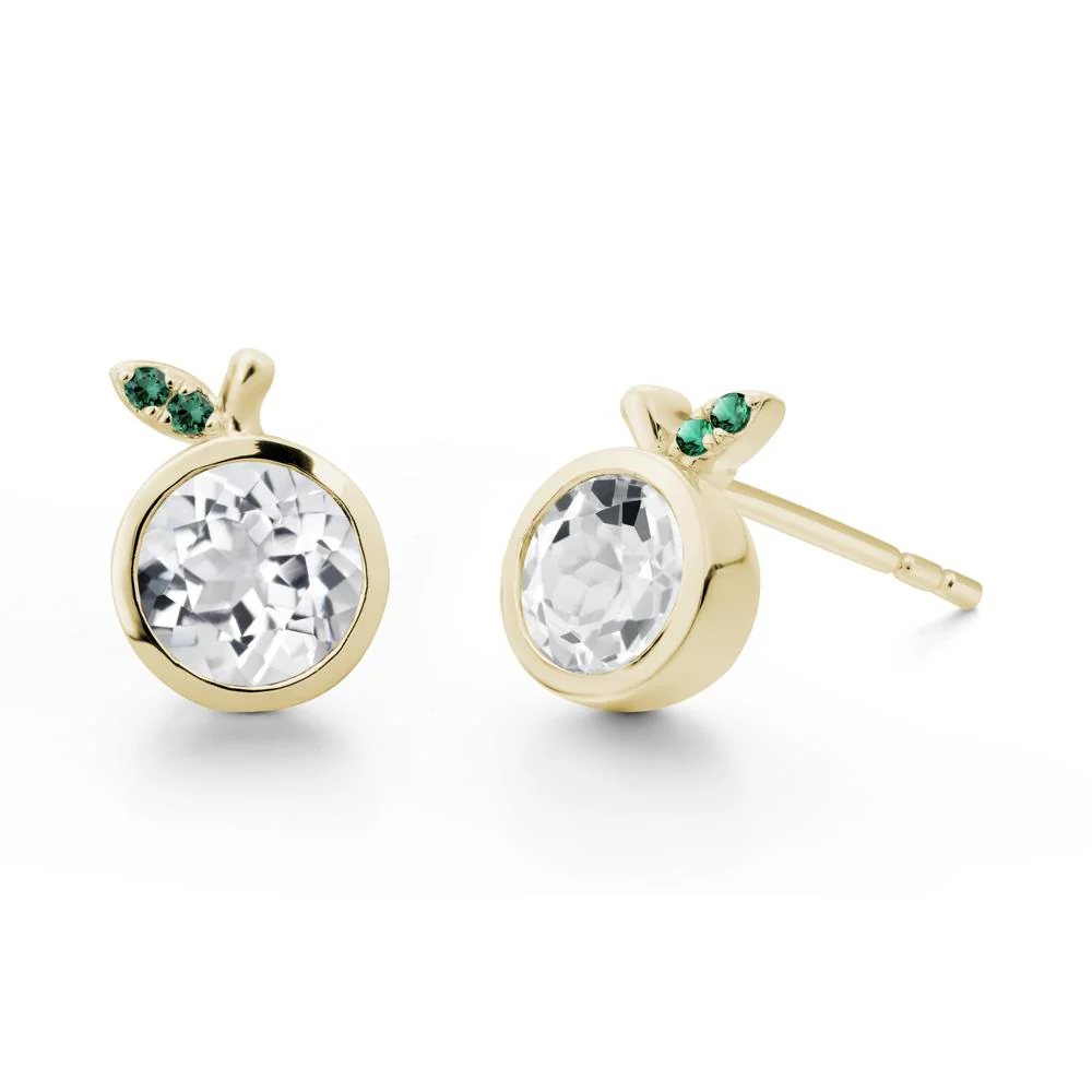 Bezel Setting Round White Topaz and Emerald Fruit Earrings - Image 3