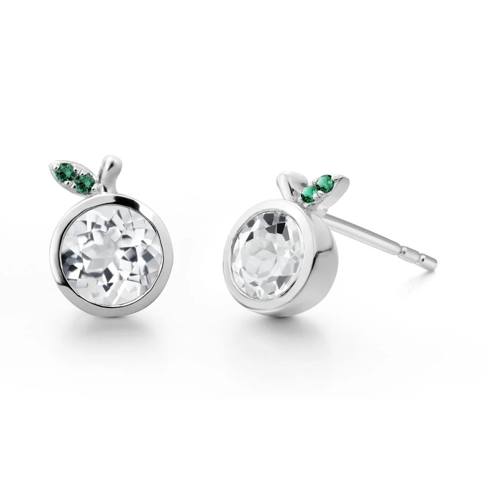 Bezel Setting Round White Topaz and Emerald Fruit Earrings - Image 4