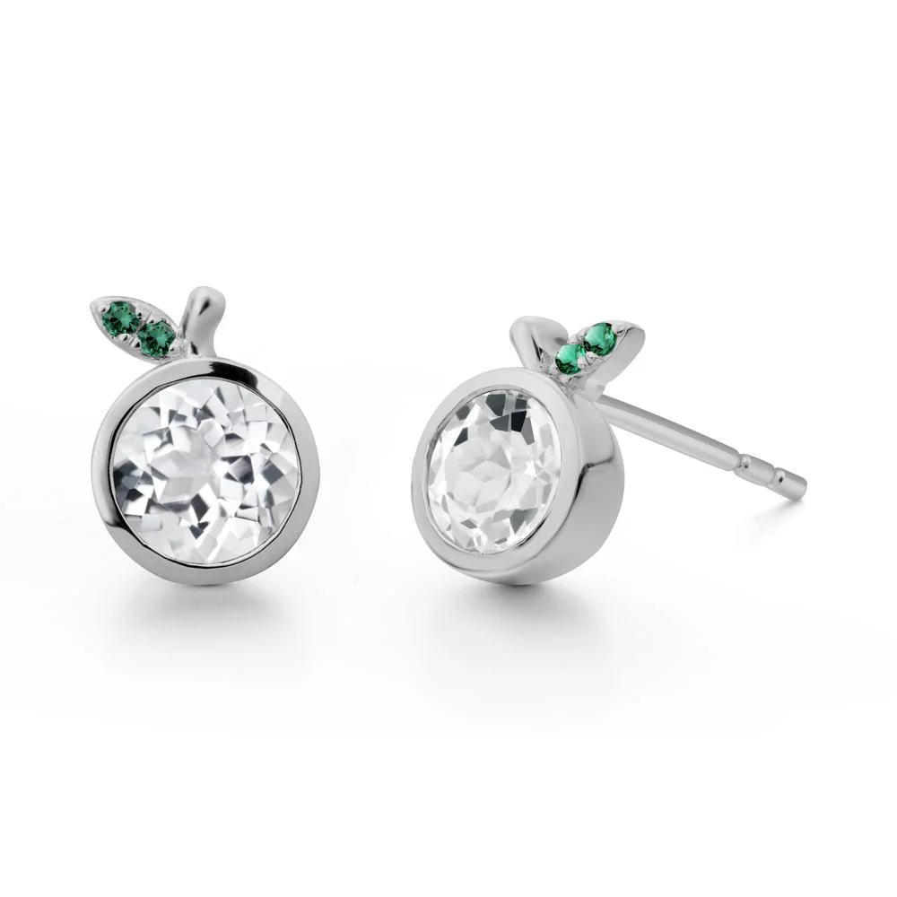 Bezel Setting Round White Topaz and Emerald Fruit Earrings - Image 6