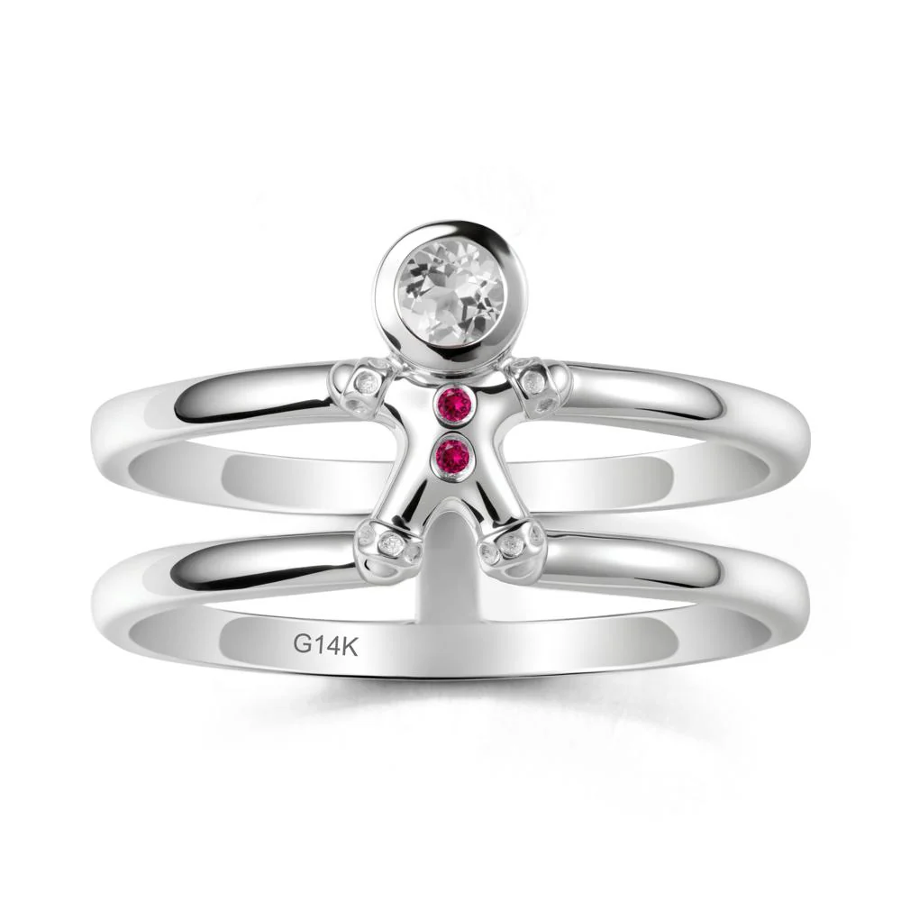 Christmas White Topaz and Ruby Ring-Gingerbread Man - Image 3