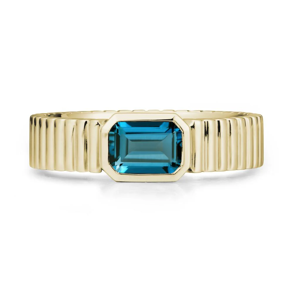 Ribbed Band Emerald Cut London Blue Topaz Ring