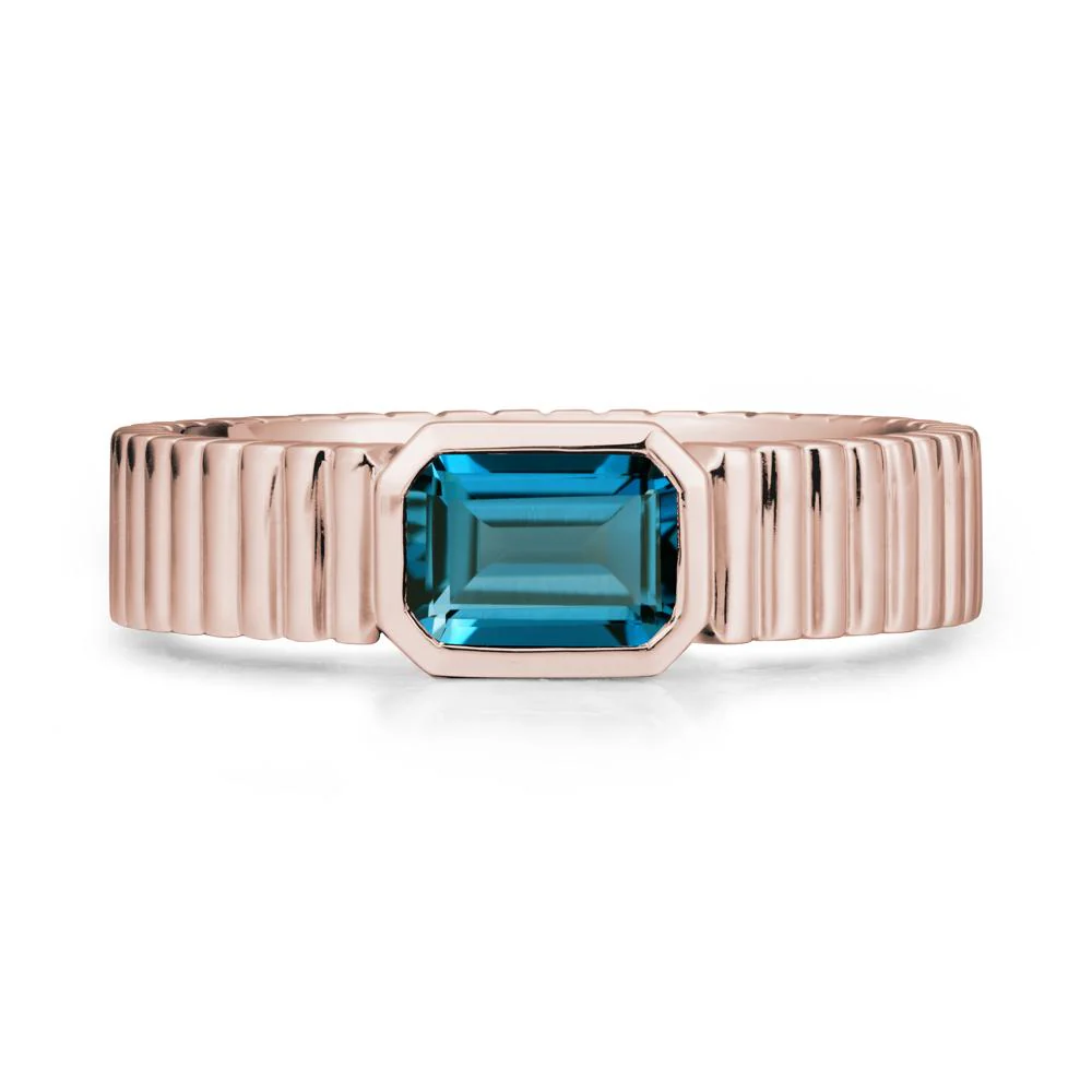 Ribbed Band Emerald Cut London Blue Topaz Ring - Image 2
