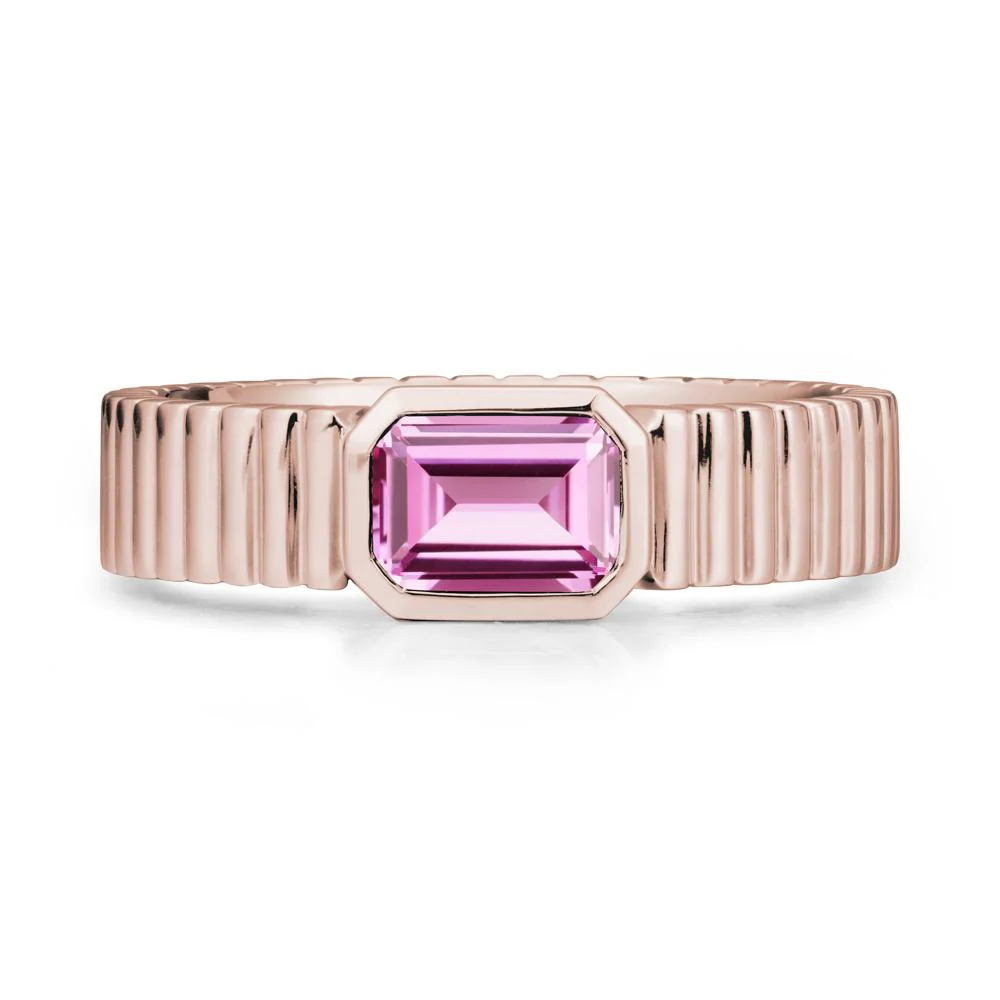 Ribbed Band Emerald Cut Pink Sapphire Ring - Image 2
