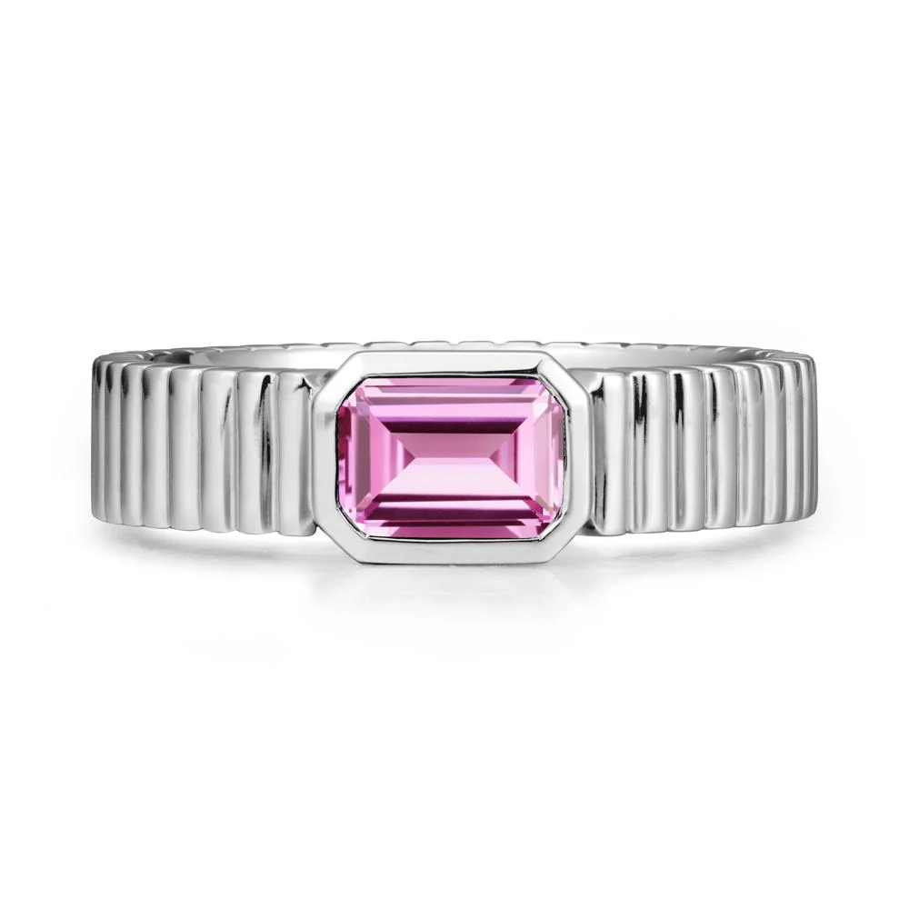 Ribbed Band Emerald Cut Pink Sapphire Ring - Image 3