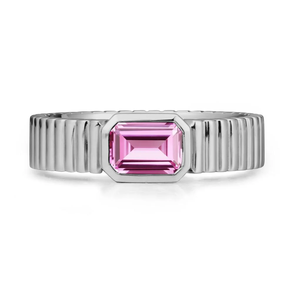 Ribbed Band Emerald Cut Pink Sapphire Ring - Image 9