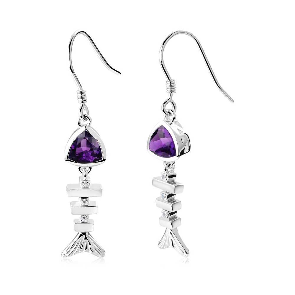 Bezel Trillion Cut Amethyst Fishbone Dangle Earrings - Image 2