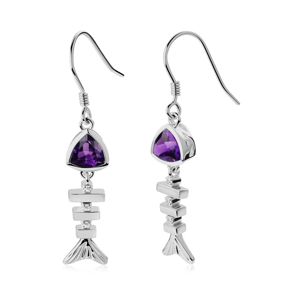 Bezel Trillion Cut Amethyst Fishbone Dangle Earrings - Image 3