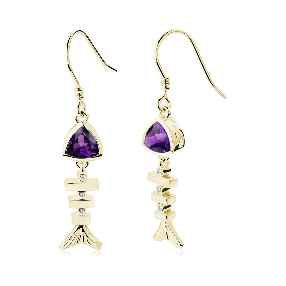 Bezel Trillion Cut Amethyst Fishbone Dangle Earrings - Image 5