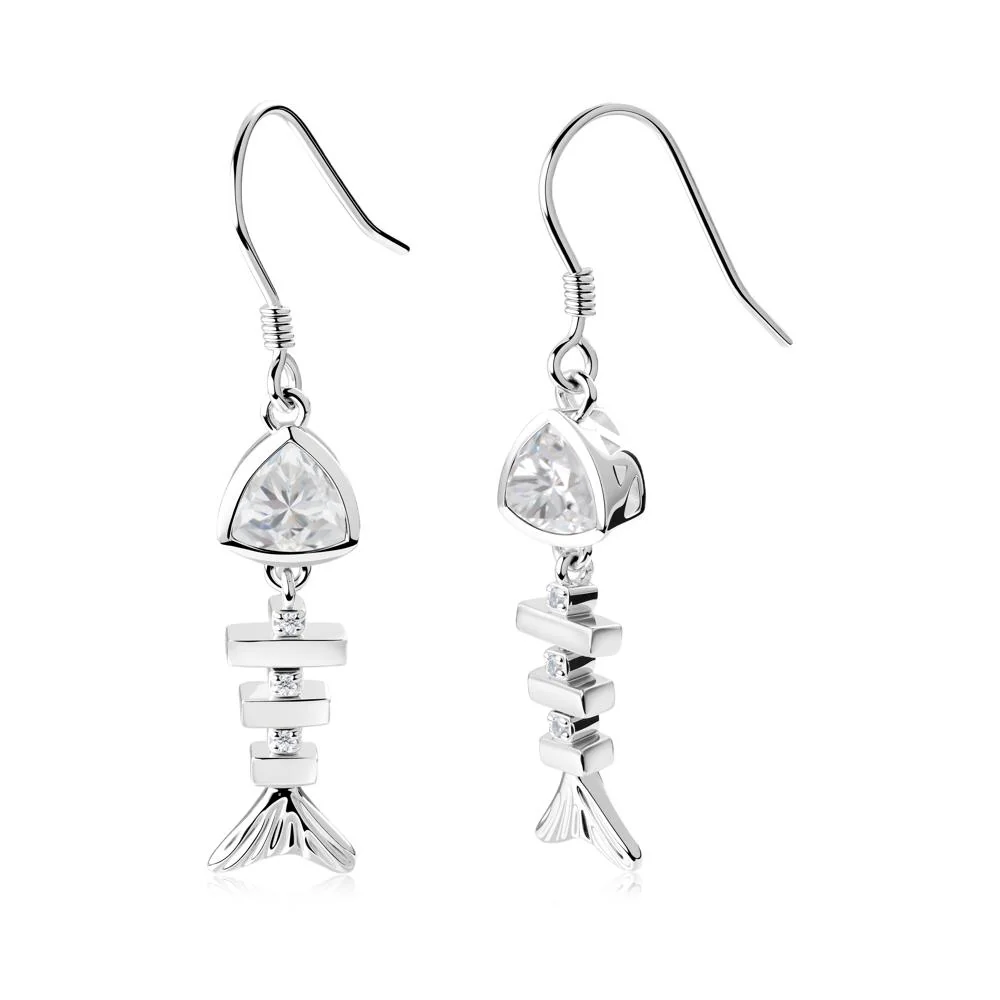 Bezel Trillion Cut Cubic Zirconia Fishbone Dangle Earrings - Image 3