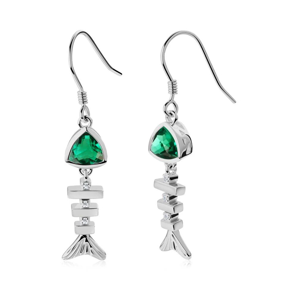Bezel Trillion Cut Emerald Fishbone Dangle Earrings - Image 3